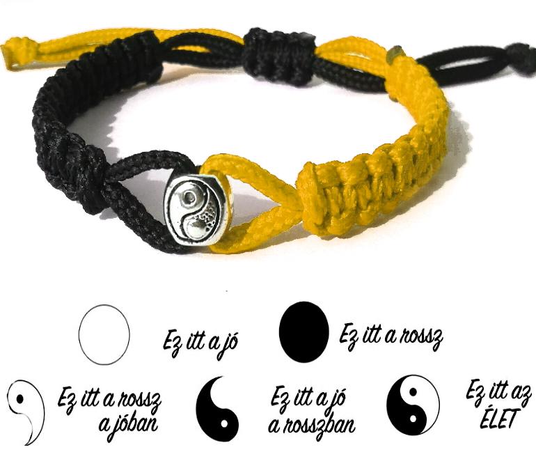Jin-jang (yin-yang) egyensúly kabala makramé karkötő fekete-narancssárga