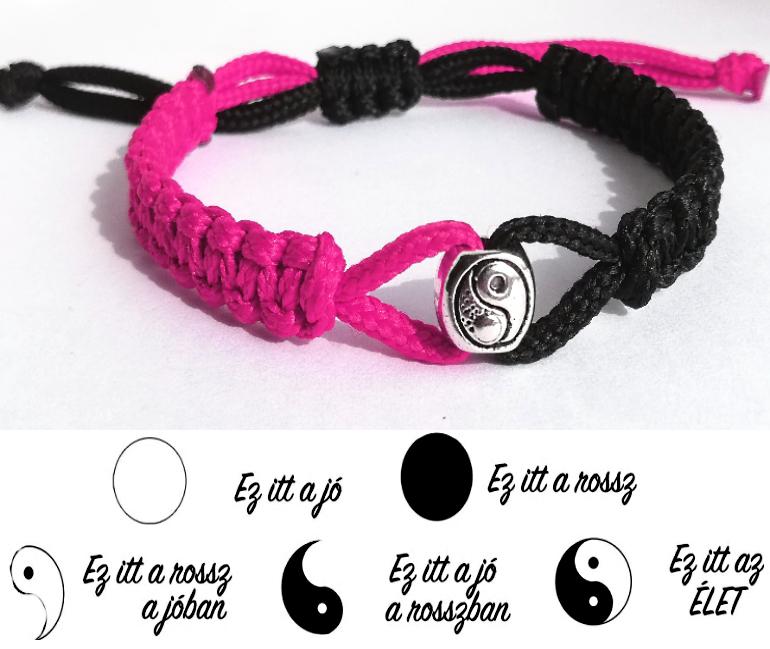 Jin-jang (yin-yang) egyensúly kabala makramé karkötő fekete-pink