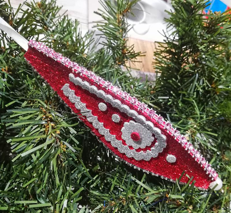 Kézműves csillogó cseppdísz karácsonyfadísz dekoráció 13cm piros-ezüst