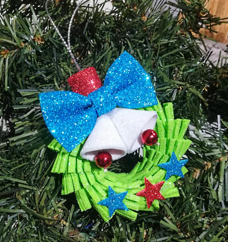 Kézműves csillogó harangos kiskoszorú karácsonyfadísz dekoráció 8cm kürkízkék masnis