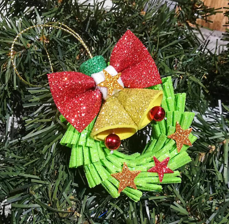 Kézműves csillogó harangos kiskoszorú karácsonyfadísz dekoráció 8cm piros masnis