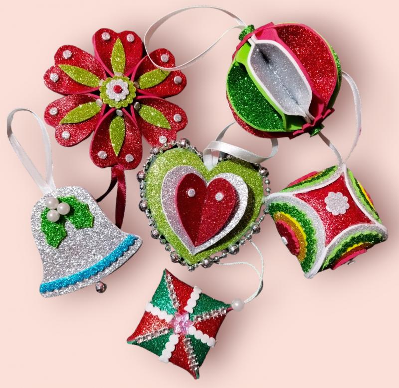 Kézműves csillogó karácsonyfadísz szett dekoráció 6 darab/szett piros-fehér-zöld