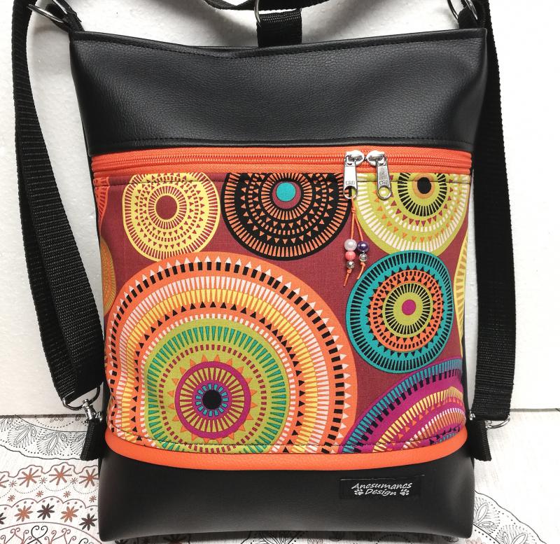 Mandala mintás 3in1 textilbőr hátizsák  fekete alap narancs díszítéssel