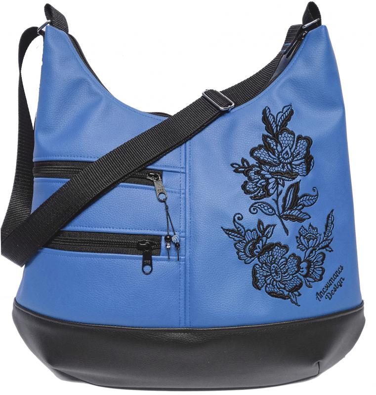 MAXI méretű hímzett sokzsebes textilbőr pakolós táska fekete-kék