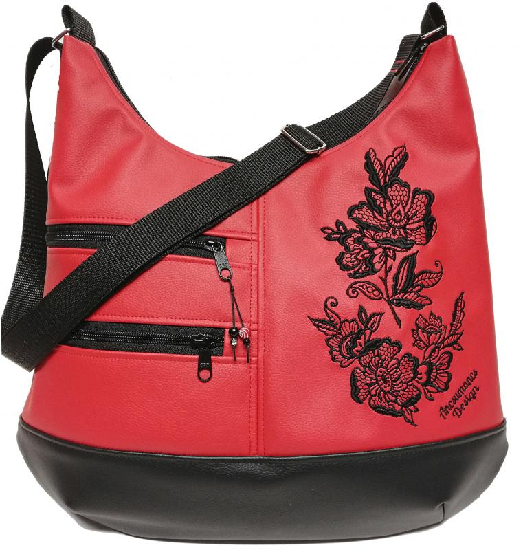 MAXI méretű hímzett sokzsebes textilbőr pakolós táska fekete-piros
