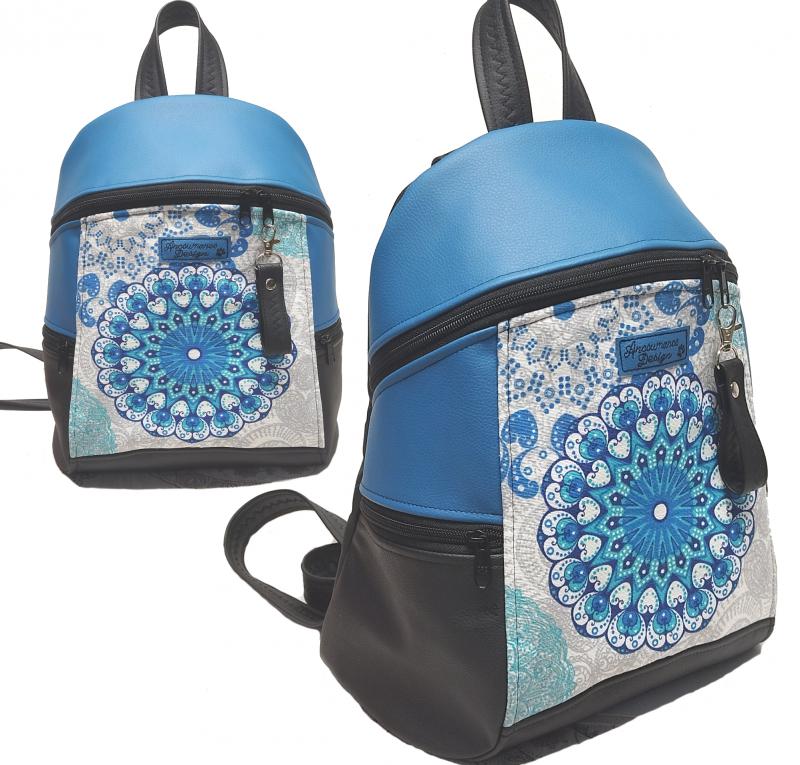 MAXIM BackPack L hátizsák - Egyedi mandalás kék fekete alapon textilbőr pántokkal 35x28x16