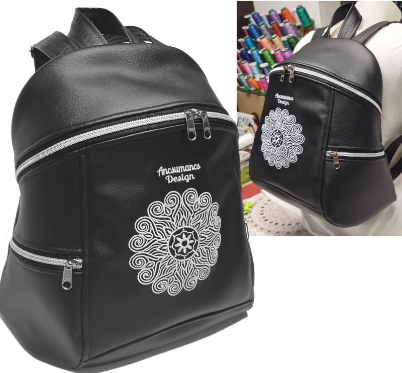 MAXIM BackPack L hátizsák - Elegáns fekete hímzett fehér mandalával textilbőr pántokkal 36x28x16