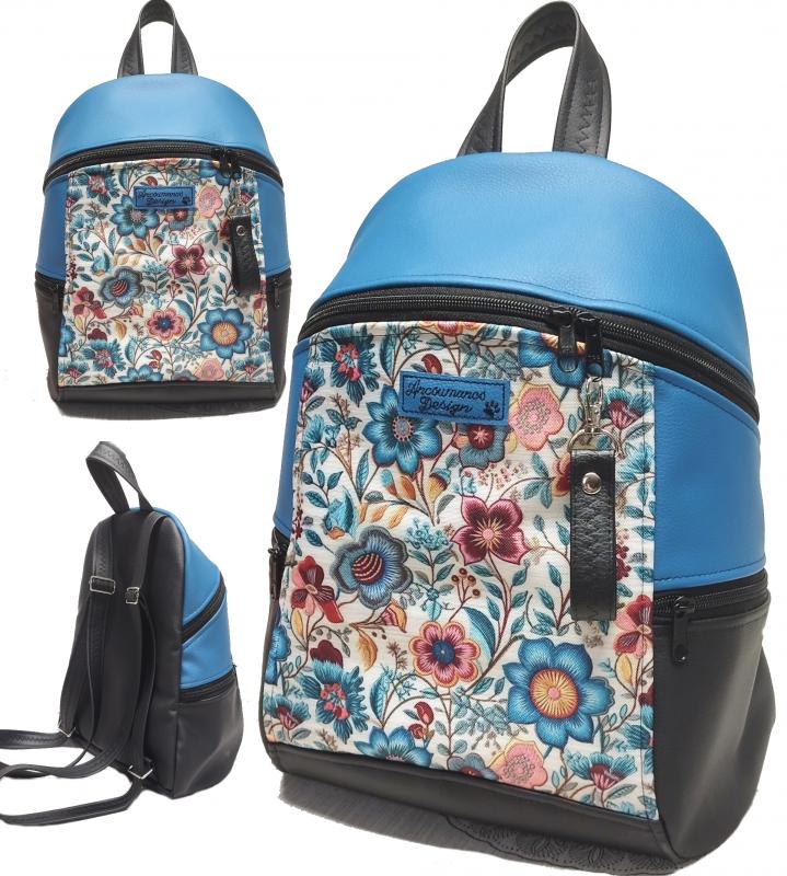 MAXIM BackPack L hátizsák - Folk virágok kék fekete alapon textilbőr pántokkal 35x28x16
