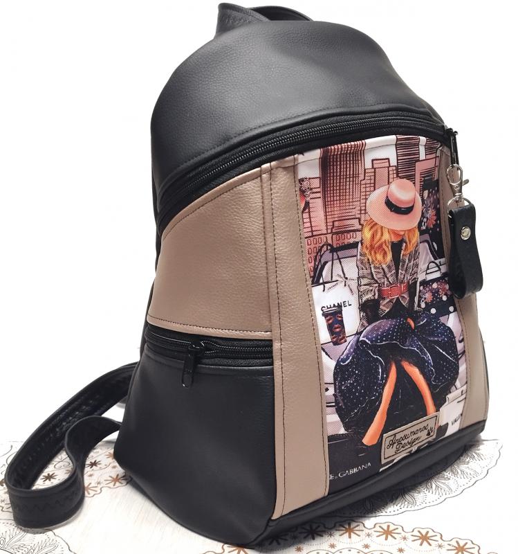 MAXIM BackPack L hátizsák - Hölgy Párizsban púder és fekete alapon textilbőr pántokkal 35x28x16