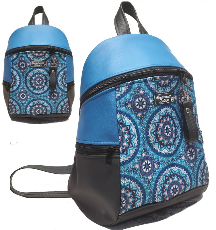MAXIM BackPack L hátizsák - Mandalák kék fekete alapon textilbőr pántokkal 35x28x16