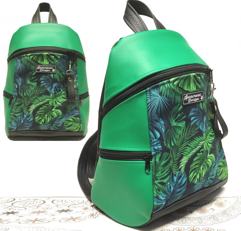 MAXIM BackPack L hátizsák - Pálmalevelek zöld fekete alapon textilbőr pántokkal 35x28x16