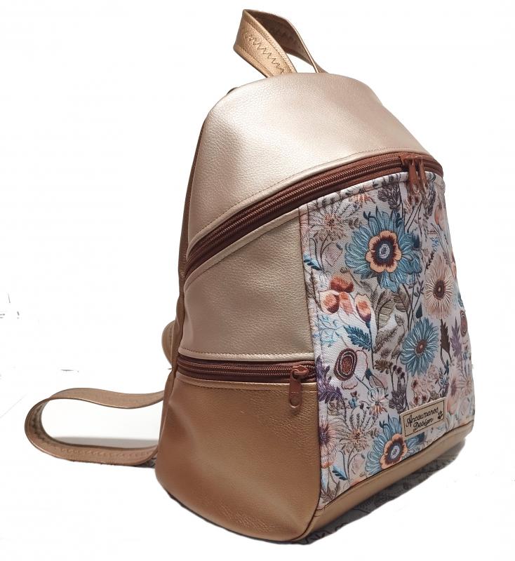 MAXIM BackPack L hátizsák - Réti virágok púder és bronz alapon textilbőr pántokkal 36x28x16