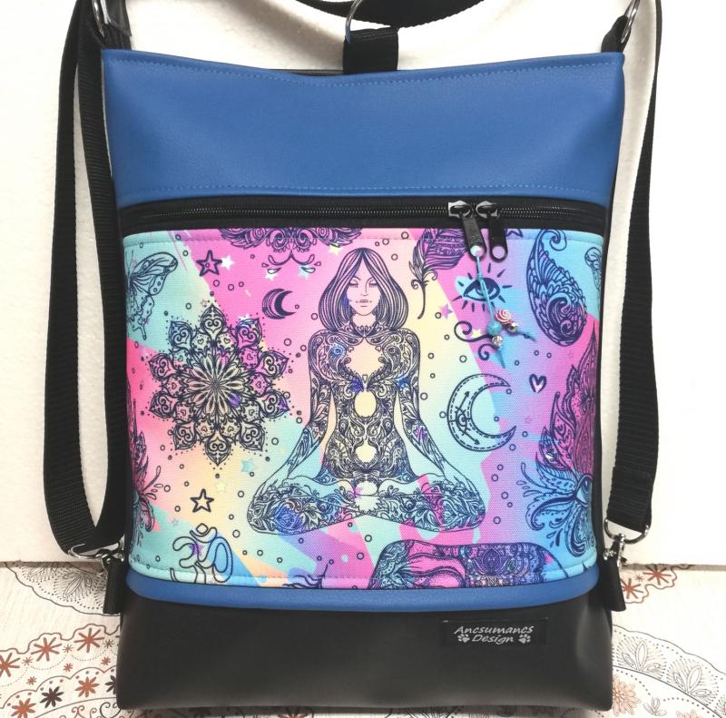 Meditáció 3in1 textilbőr hátizsák oldaltáska fekete-kék