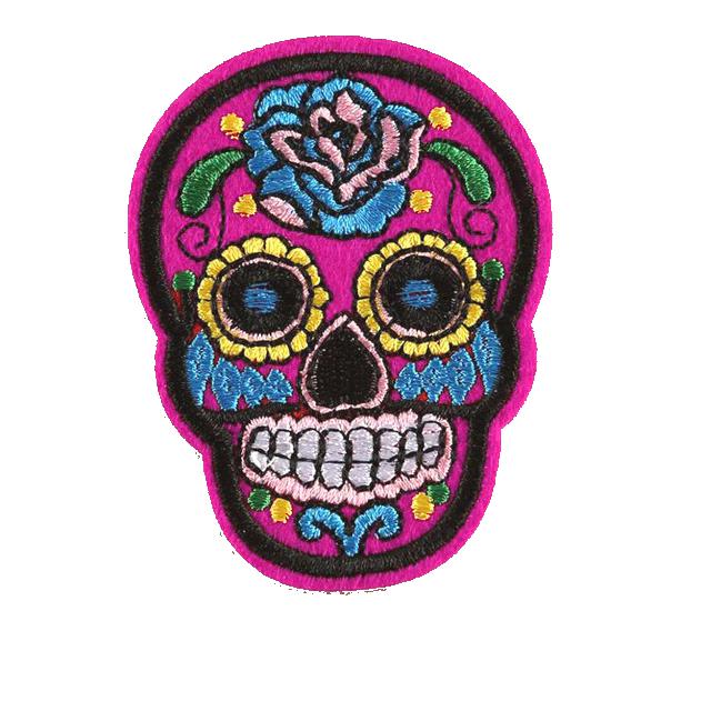 Mexikói koponya vasalható varrható hímzett felvarró folt 7x5,2cm pink