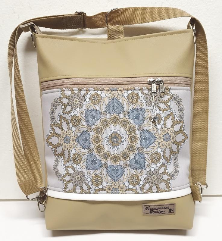 Óriás mandalás 3in1 drapp textilbőr hátizsák  univerzális táska