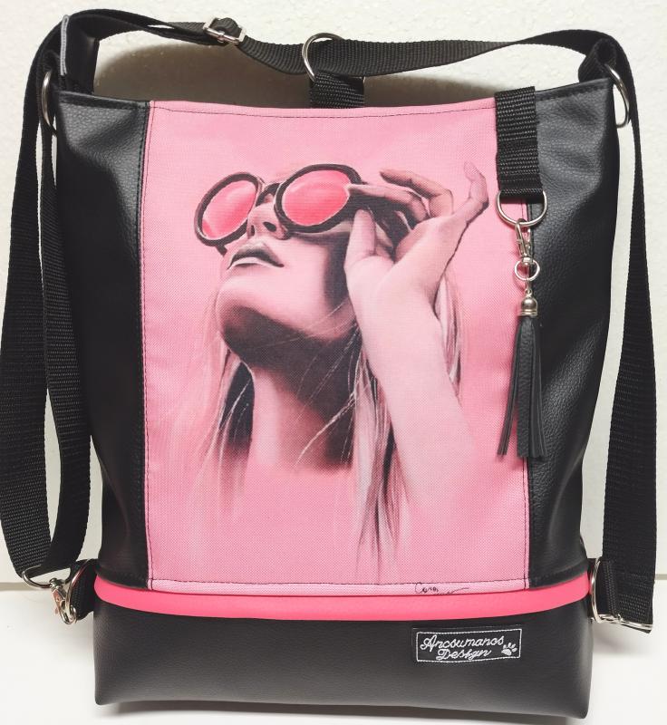 Pink Woman - hátulzsebes 3in1 textilbőr hátizsák univerzális táska 30x33cm