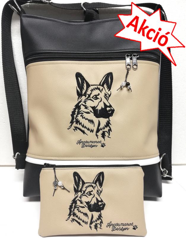 Szettben olcsóbb! Hímzett németjuhász kutya 3in1 női szett hátizsák neszi drapp-fekete