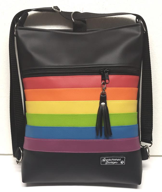 Szivárvány fekete alapon szegecselt bojtocskával 3in1 női hátizsák oldaltáska univerzális táska