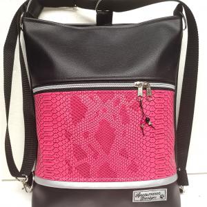 3in1 fekete pink metál hüllőmintás női hátizsák oldaltáska