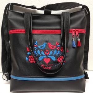 4in1 nagy csini hímzett univerzális táska hátizsák Hungarian Folkart13 fekete alap kék-piros hímzéssel