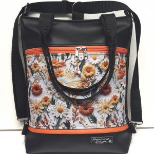 4in1 textilbőr hátizsák univerzális táska 3D virágok fekete alapon narancs díszítéssel