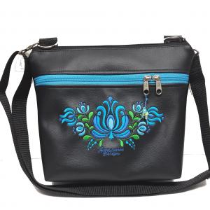 Bella crossbody oldaltáska 28x24cm - Hímzett Matyó mintás Hungarian Folkart28 fekete-türkiz