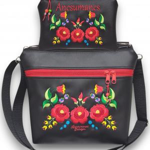 Bella crossbody oldaltáska szett neves pénztárcával 28x24cm - Hímzett Kalocsai virágos Hungarian Folkart30