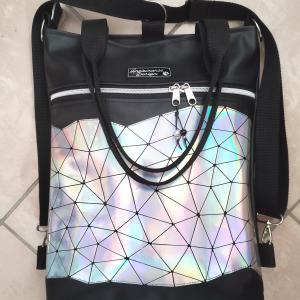 Elegáns 4in1 szivárvány lézerhologramos textilbőr hátizsák univerzális táska fekete alap