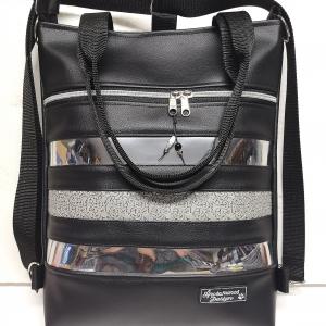 Elegáns 4in1 textilbőr hátizsák univerzális táska fekete alapon tükörbőr csíkokkal