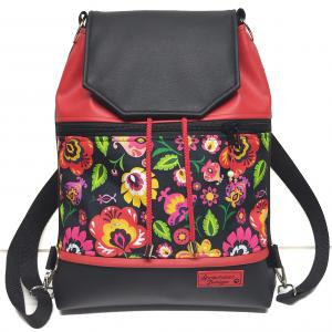 Fedélrészes zsinóros 3in1 hátizsák univerzális táska - Folk virágok pios fekete alapon