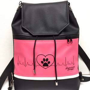 Fedélrészes zsinóros 3in1 hátizsák univerzális táska - Hímzett EKG szív tappancs pink-fekete