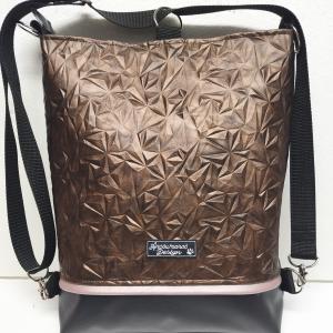 Hátulzsebes 3in1 textilbőr hátizsák univerzális táska - Metál kristályos bronz feketével