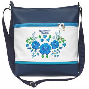 Hímzett 30x30-as pakolós kalocsai virágos válltáska oldaltáska fekete-fehér-türkiz HungarianFolkart12