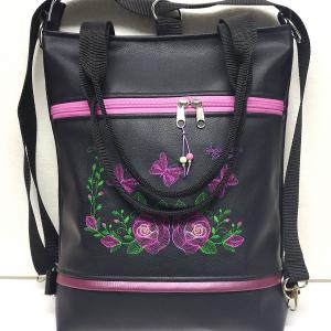 Hímzett 4in1 hátizsák univerzális táska rózsák és pillangók fekete alapon