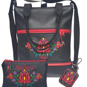 Hímzett 4in1 Matyó virágos szett Hungarian Folkart28 táska+neves pénztárcával+kulcstartó