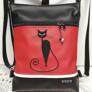 Hímzett cicás 3in1 hátizsák univerzális táska fekete-piros