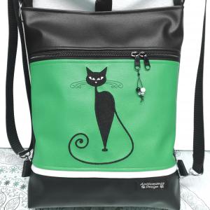 Hímzett cicás 3in1 hátizsák univerzális táska fekete-zöld