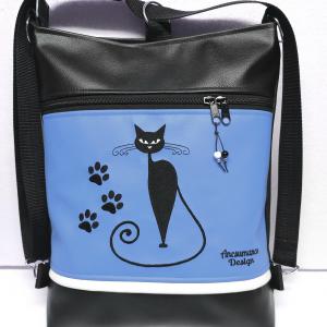 Hímzett cicás tappancsos 3in1 hátizsák univerzális táska fekete-kék