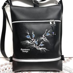 Hímzett kékszemű cicák 3in1 hátizsák univerzális táska fekete