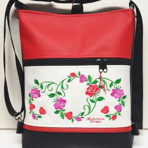 Hímzett rózsakoszorú fekete fehér piros alapon 3in1 textilbőr hátizsák oldaltáska