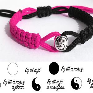 Jin-jang (yin-yang) egyensúly kabala makramé karkötő fekete-pink