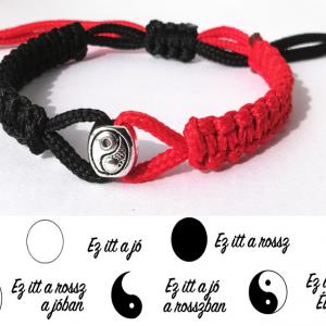 Jin-jang (yin-yang) egyensúly kabala makramé karkötő fekete-piros