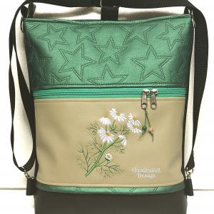 Kamillák hímzett 3in1 hátizsák univerzális táska fekete-drapp-zöld