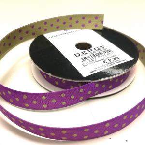 Kétoldalas pöttyös textilszalag lila-oliva 5méter