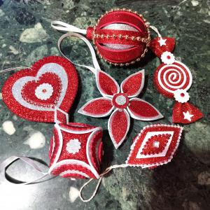 Kézműves csillogó karácsonyfadísz szett dekoráció 6 darab/szett piros-ezüst