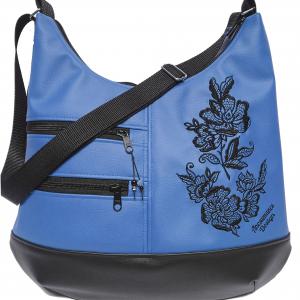 MAXI méretű hímzett sokzsebes textilbőr pakolós táska fekete-kék