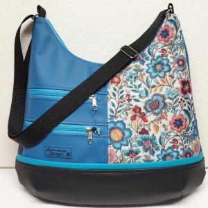 MAXI sokzsebes felemás textilbőr pakolós táska virágok kék fekete alapon