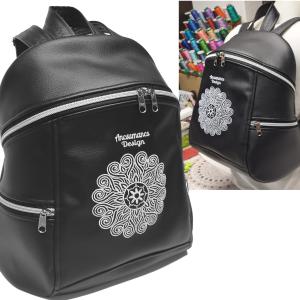 MAXIM BackPack L hátizsák - Elegáns fekete hímzett fehér mandalával textilbőr pántokkal 36x28x16