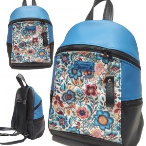 MAXIM BackPack L hátizsák - Folk virágok kék fekete alapon textilbőr pántokkal 36x28x16