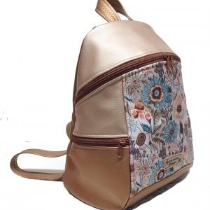 MAXIM BackPack L hátizsák - Réti virágok púder és bronz alapon textilbőr pántokkal 36x28x16